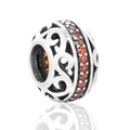 Perle charm en argent sterling 925 avec gravure ajourée et incrustation de zircon rouge - Style Anneau Pierre Orange Ajouré Vintage (3 X335)