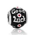 S925 ασημένιο γούρι Good Luck με μαύρο σμάλτο και κόκκινες πέτρες για DIY βραχιόλι - Χάντρα Σμάλτου Καλή Τύχη