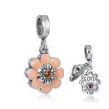 S925 sterling silver flower charm with orange enamel and Love heart engraving - 7 S406