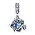 Pendentif poisson en argent S925 avec pierre bleue et diamants pour bracelets DIY - Poisson Texture Vintage (18 S516)
