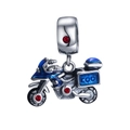 Pendentif moto en argent sterling S925 avec émail bleu et détails en pierre rouge vif - Moto Bleue (15 S463)