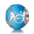 Abalorio clásico redondo de plata de ley S925 con acabado de esmalte jaspeado azul - Vidrio de Textura Azul Cielo (2 D136)