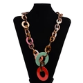 Bohemian chunky acrylic resin long chain necklace with colorful leopard and tortoise rings - Multicolor Patchwork A (Red Green Orange)