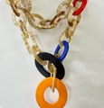 Chunky bohemian leopard print resin chain necklace with vibrant orange pendant loop - Multicolor Industrial Style Patchwork