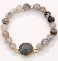 Bracelet en pierre veine de dragon avec pendentif en quartz druzy gris et bordure dorée - Agate Veine de Dragon Grise Avec Druzy Dorée (BC67-1)