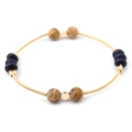 Detail of bohemian gold wire bracelet with navy wood beads and spotted natural stones - Dark Blue and Spotted Stone Style (BC380-6)