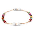 Gold spiral spring bracelet with colorful wooden beads and white marble stones - White Textured Bead Style (BC381-1)