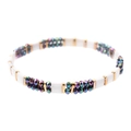 Colorful Tila bead stretch bracelet with white enamel tiles and iridescent faceted beads - White & Gold (BC355-17)