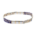 Blue faceted beads and silver square blocks miyuki tila bead woven elastic bracelet - Deep Blue & Silver (BC355-20)
