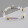 Detail of colorful acrylic tube bracelet with matte white square beads and gold spacers - Minimalist Iridescent (BC408-1) / Clear White