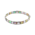Rainbow and gold square Tila bead bracelet with a handmade geometric woven design - Rainbow Gold Silver Mixed (BC332-6)