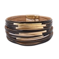 Bracciale multistrato in pelle nera con chiusura magnetica dorata e tubi di metallo - Nero (BC375-5)