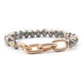 Faceted grey crystal bead bracelet with three interlocking textured golden metal chain links - Dark Gray