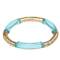 Détail d'un bracelet bohème avec tubes en acrylique bleu ciel et segments dorés - Bleu Ciel Transparent
