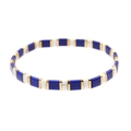Handmade Miyuki Tila bead elastic bracelet in deep blue, white, and golden finish - Blue Gold White (BC332-17)