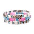 Three-piece bohemian stretch bracelet set with blue and pink Miyuki Tila tile beads - Bright Blue Pink Gray Mix (BCSET301-10)