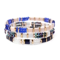 Three-piece bohemian beaded bracelet set featuring navy blue and white enamel tiles - Deep Blue Iridescent White (BCSET301-15)