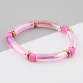 Pink iridescent acrylic curved tube bracelet with matte square beads and gold spacers - Pink