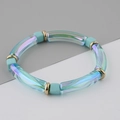 Iridescent turquoise acrylic curved tube bracelet with gold spacers and blue beads - Light Blue
