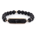 Bracelet élastique en perles noires mates et pierre de druzy noire avec cadre doré - Noir (BC385-1)