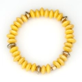 Elastic beaded bracelet with yellow biconal wood beads and metallic textured accents - Yellow (BC404-14)