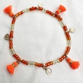 Tobillera bohemia de cuentas naranjas con borlas y colgantes de monedas de oro - Estilo Moneda Naranja Rojo (AK01-6)