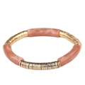 Bracelet élastique avec disques en métal doré et tubes courbés en résine rose marbré - Blanc Café