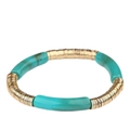 Bracelet élastique fait main avec disques dorés et tubes en acrylique turquoise courbé - Bleu Paon