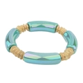 Bohemian armband met groenblauwe iriserende buiskralen en getextureerde gouden schijven - Iriserend Cyaan Groen (BC406-20)