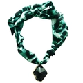 Detail of bohemian leopard print silk scarf necklace with large green gemstone pendant - Leopard Scarf with Geometric Stone Pendant (NS06-1)