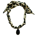 Detail of leopard print silk scarf necklace with a black water drop pendant - Leopard Scarf with Black Teardrop Pendant (NS06-4)