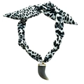 Leopard print fabric necklace with a translucent horn pendant and gold metal accents - B&W Scarf with Grey Horn Pendant (NS06-8)
