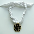 Detail of elegant black camellia pendant with gold edges on white silk ribbon necklace - White Satin Scarf with Black Camellia Pendant (NS06-13)