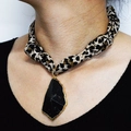Detail showing leopard print silk choker with large black stone pendant and gold edges - Black Irregular Pendant Leopard Style (NS02-12)