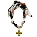Floral print silk scarf necklace featuring a textured golden cross pendant - Floral Scarf with Gold Cross Pendant (NS06-2)