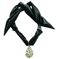 Silk scarf necklace featuring a dark green satin ribbon and a marble water drop pendant - Green Satin Scarf with Teardrop Pendant (NS06-6)