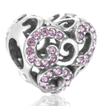 Charm a cuore in argento sterling S925 con zirconi rosa per bracciali fai-da-te - Stile Cuore Intagliato con Strass Rosa (5 X165)