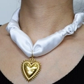 Bohemian white silk choker necklace featuring a textured golden heart crown pendant - Gold Sacred Heart White Ribbon Style (NS02-2)