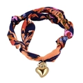 Silk scarf necklace featuring vibrant abstract patterns and a golden heart pendant charm - Abstract Texture Embossed Heart Style (NS02-5)
