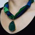 Ethnic leopard print silk scarf necklace with green agate water drop pendant on model - Green Agate Teardrop Colorful Weave Style (NS02-7)