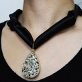 Leopard print scarf necklace with teardrop agate pendant and golden metal trim - Spotted Stone Teardrop Black Ribbon Style (NS02-8)