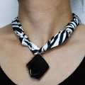 Zebra print silk scarf necklace with black stone pendant and gold metal trim - Black Ore Zebra Print Ribbon Style (NS02-9)