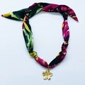 Floral print scarf necklace with a golden five-petal flower pendant and silky texture - Tropical Floral Gold Five Petal Style (NS02-14)