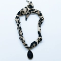 Leopard print silk scarf necklace with a faceted black teardrop pendant and gold edge - Black Faceted Drop Leopard Style (NS02-15)