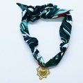 Silk scarf necklace with tropical leaf pattern and a golden heart pendant - Green Tropical Leaf Gold Heart Style (NS02-17)