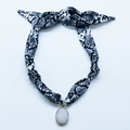 Silk scarf necklace featuring black white snake print and white crystal stone pendant - White Crystal Druzy Snake Ribbon Style (NS02-18)