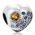 Charm a cuore in argento S925 con gemma arancione e accenti di zircone blu - Stile Cuore Ondulato con Pietra Arancione (11 X372)