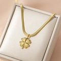 Elegant gold flat herringbone chain necklace with patterned four leaf clover pendant - Four-Leaf Clover Pattern Necklace (X1236) / Gold