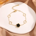 Golden stainless steel bracelet with cutout and solid black five-leaf clover charms - Five-Petal Black and White Double-Sided (S516)