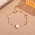 Golden titanium steel bracelet with five hollow clover flowers and white mother of pearl - Five-Petal Single-Sided White Shell (S519)